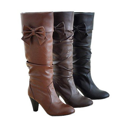 With Bow Rubber & Fur With Zipper Women's Knee High Boots
