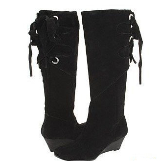 Black With Tassel Cloth & Fur Women's Knee High Boots