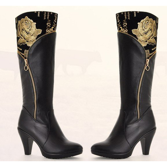 Zipper Black With Gold Rose On Women's Knee High Boots