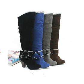 With Decorative Button Knee-High Leather & Cloth Snow Boots