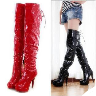 Rubber Lace-up With Zipper Thigh-High Boots