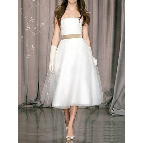 A-line Strapless Tea-length Satin Tulle Little White Wedding Dress
