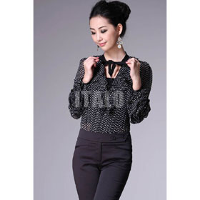 Black With Many Dots Long Sleeve Ladies' Blouses & Tops