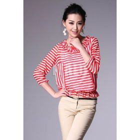 Women Frills Elstic Collar Srtipe Bracelet Sleeve Georgette Silk Tops