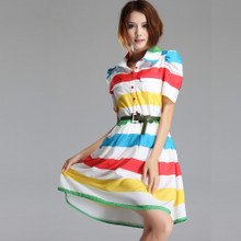 XiaBo Shmi Adah Pendulum Pure Cotton Colorful Stripe Short Sleeve Belt Knee Learth Dresses