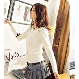 White Flat Knitted Long Sleeve V-collar Ladies Sweater