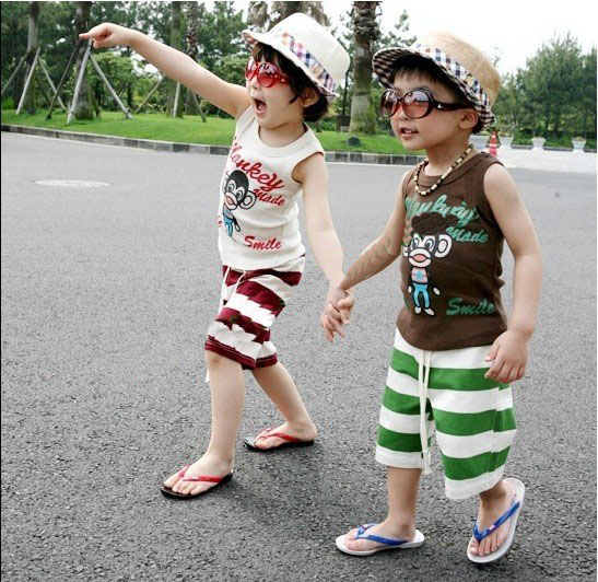 Baby 2pc Set Short-Sleeved T-shirt + Monkey Mouth Striped Beach Pants