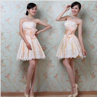 Free Shipping Satin Strapless Rouched Bodice in Short Tea Length A line Skirt Custom Bridesmaid Dress