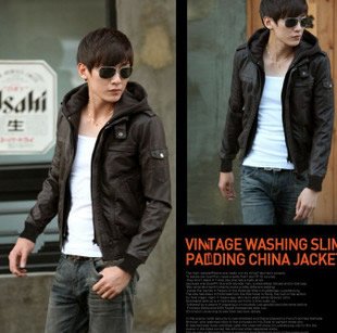 Men's Slim Fit Stylish PU Leather Hooded with Zipper High Collar Cotton Coat