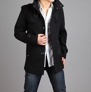 Men's New Fashion Raw Black Thick Woolen Hooded Outerwear Windbreak Jacket