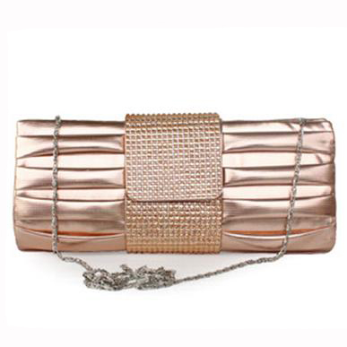 Elegant Pleated Satin Clear Crystals Ladies' Clutch Handbag