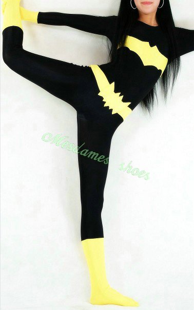 Fancy Dress, Customer Made, Sexy Black Yellow Female Batman Lycra Spandex Zentai Suit