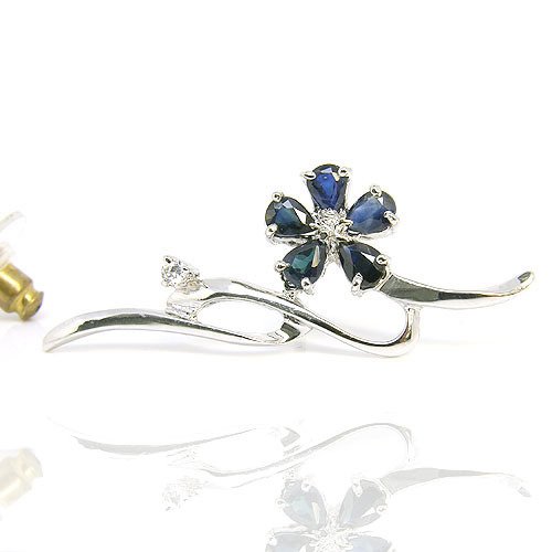 Blue Silver Natural Sapphire Brooch With Flower And Stone