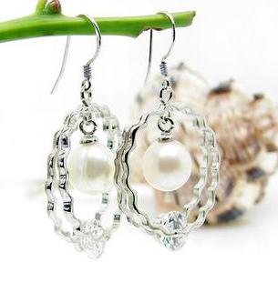 Natural Freshwater Pearl Genuine Three Diamond 925 Silver Earrings