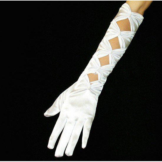 Unique Ivory Full Finger Elbow Length Beading Bridal Gloves