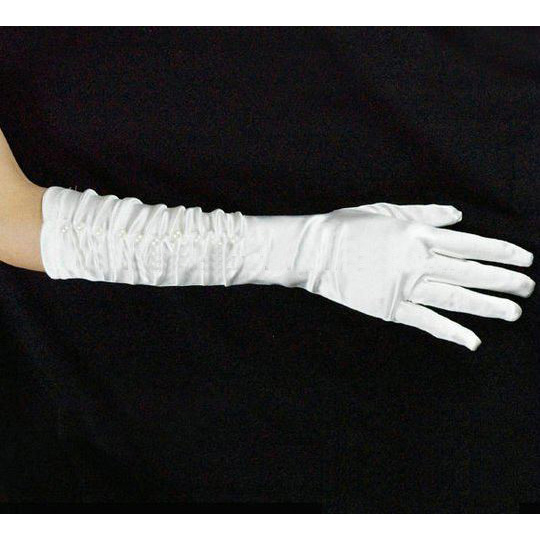 Free Shipping Charming White Full Finger Ruched Bridal Satin Gloves