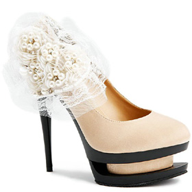 Womens Gold Satin Beads Flower Double Platform Stiletto Heel Pumps Wedding Shoes