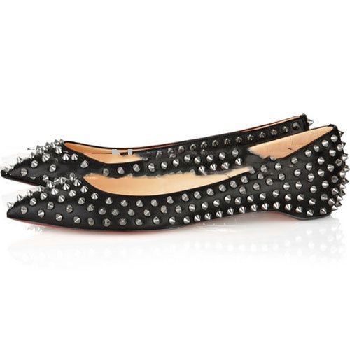 Free Shipping New Arrival Pointed Toe Metal Studs Black Genuine Leather Women's Flats