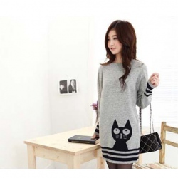 Amanda99 Funny Round Neckline Black Cat Patterns Stripes Hem Grey Long Sleeves Knitted Dress For Women