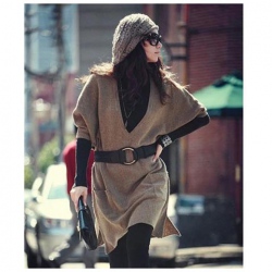 Amanda99 Concise V-Neck Double Pocket Quarter Khaki Sleeves Lycra Three Pieces Dress For Women