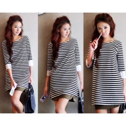 Amanda99 Sweet Stripe Round Neckline Cotton Half Sleeves Blouse--Women's Blouses