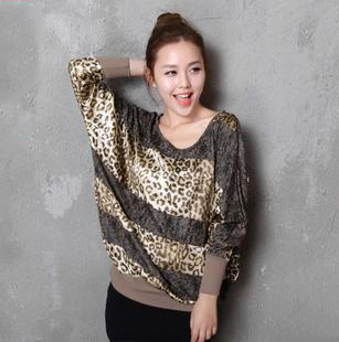 Amanda99 New In Fashion and Casual Style Leopard Pattern Matching Bat-wing Sleeves T-shirt For Female