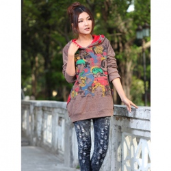 Amanda99 Stylish and Various Characters Printing Red Button Embellished Long Sleeve Hooded Sweater