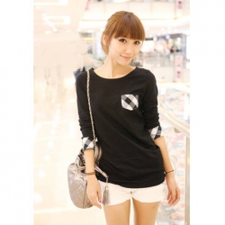 Amanda99 New Arrival Fashion Autumn and Winter Style Checker Pocket Decorated Long Sleeve T-shirt