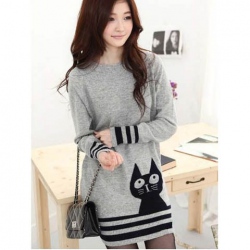 Amanda99 Pretty Girl Cat Patterns Gray Woolen Yarn Long Sleeve Sweater
