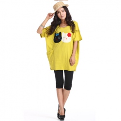 Amanda99 Lovely Cat Printing Light Yellow Cotton + Spendex T-Shirt