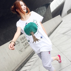 Amanda99 Summer Fashion Cute Tree Printing White Cotton T-Shirt