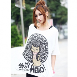 Amanda99 Summer Fashion Cute Cat Ptinting White Cotton T-Shirt
