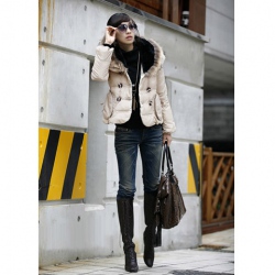 Amanda99 Specially Hat Collar Designed L Size Beige Polyester+Wool Long Sleeves Coat--Women's Coats