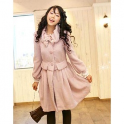 Amanda99 Lady Style Special Collar Design Double Button Frills Puff Pink Long Sleeves Fleeces Coat For Women