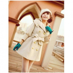 Amanda99 Cute and Elegant Wide Lapel Golden Double-Breasted Lace-Up White Long Sleeves Fleeces Coat For Women