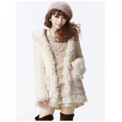 Amanda99 Mix Match Rough Selvedge Tassel Hem Double Pockets Beige Long Sleeves Fleeces Coat For Women