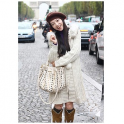 Amanda99 Elegant and Leisure Shearling Lace-Up Wool Ball Button White Long Sleeves Hood Coat For Women