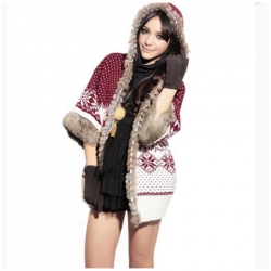 Amanda99 National and Cute Dots Deer Patterns Rough Selvedge Trumpet Quarter Sleeves Acrylic Coat For Women