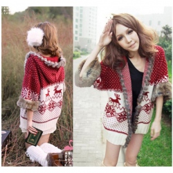 Amanda99 Sweety and Charming Rough Selvedge Christmas Deer Dots Patterns Red Long Sleeves Acrylic+Fibre Hair Hood Coat For Women