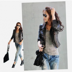 Amanda99 Classic and Slim Lapel Diagonal Zipper Long Sleeves PU Coat For Women