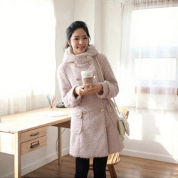 Amanda99 Elegant Shearling Double-Breasted Button Embellished Pink Long Sleeves Worsted Coat For Women