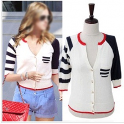 Amanda99 Leisure Deep V-Neck Stripes Colormatching Difference Quarter Sleeves Coat For Women