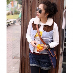 Amanda99 Leisure and Fashionable Shearling Lapel Colormatching Snap Button Waistcoat For Women
