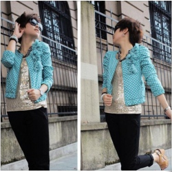 Amanda99 Exquisite and Refreshing Round Neckline Frills Embellished Dots Patterns Zipper Long Green Sleeves Coat For Women