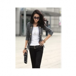 Amanda99 Black And Grey Special Collar Roumalla Frame Long Sleeves Closured Blazer--Women's Coat