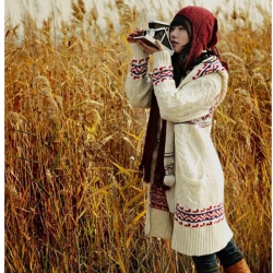 Amanda99 Elegant and Charming Zipper National Stripes Thicken Woolen Yarn Coat For Women