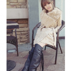Amanda99 Warmly and Slim Lapel Light Camel Long Sleeves Lamb Wool+Pu Coat For Women