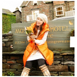 Amanda99 Warm-Keeping and Leisure Mix Match Zipper Orange Sleeveless Long Hood Coat For Women