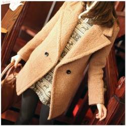 Amanda99 Korea Vintage Style Lapel Letter A Shape Camel Long Sleeves Worsted Coat For Women