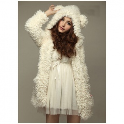 Amanda99 Super Cute and Lovely White Long Sleeves Bear Ear Shape Hood Lambswool Coat For Women